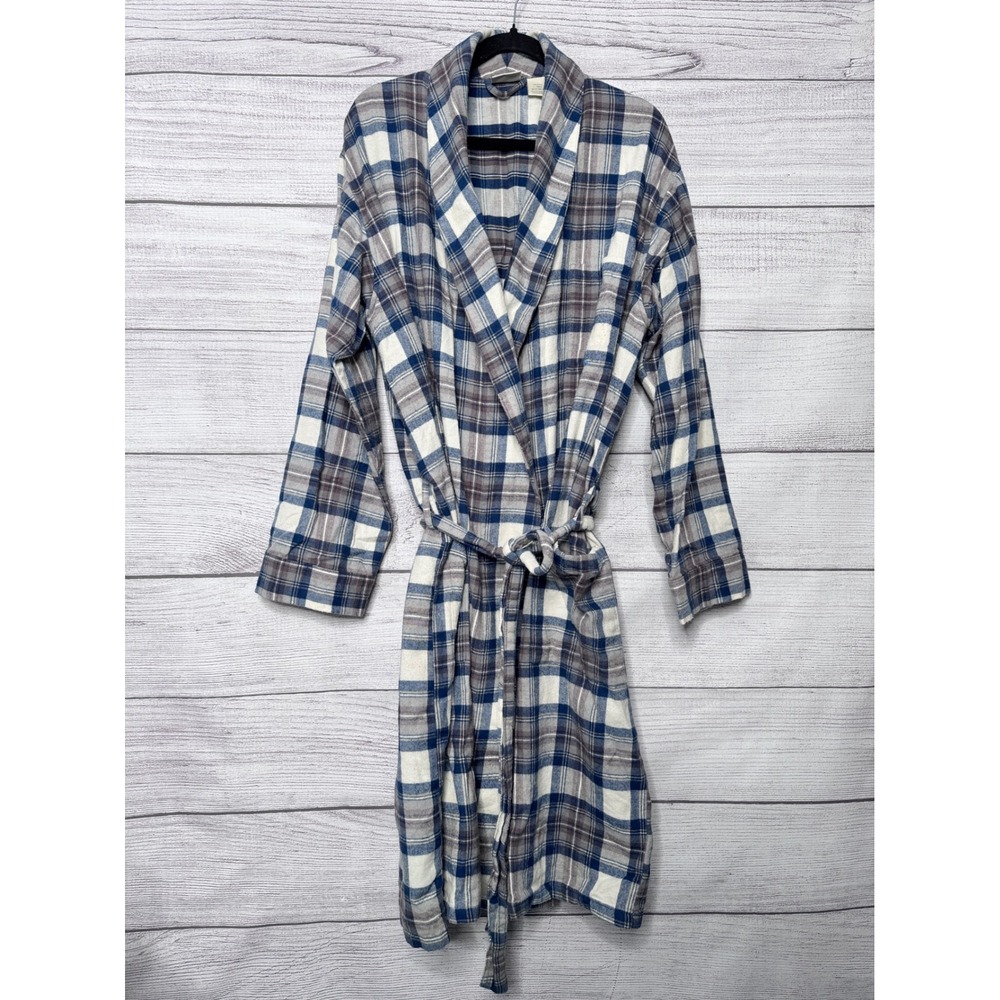 LL Bean Mens Blue Plaid Flannel Robe 100% Cotton Shawl Collar L-REG FLAW